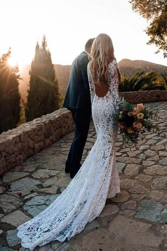 Mermaid V-Neck Long Sleeves Backless Lace Appliques Wedding Dresses