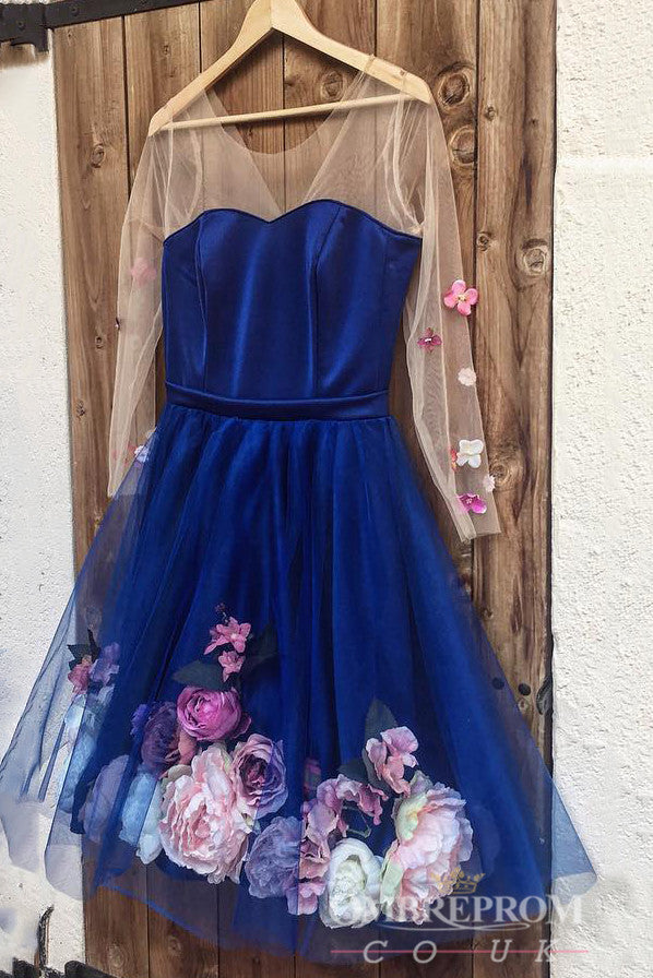 Blue Long Sleeves Short Prom Dresses Homecoming Dress With 3D Appliques