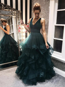 Dark Green Tulle Backless Prom Dresses, Long Evening Dress PO378