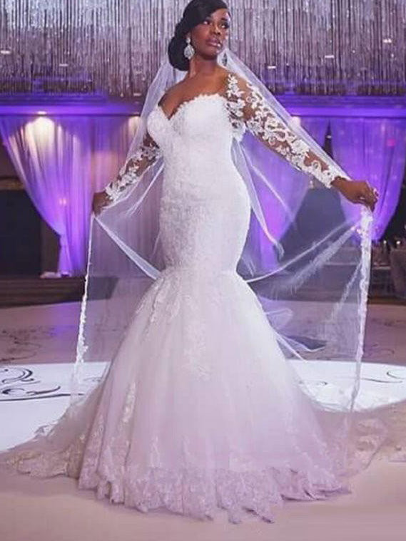 Sweetheart Trumpet/Mermaid Applique Long Sleeves Tulle Wedding Dress OW157