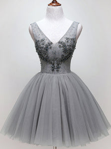 V-neck Beading Silver Short Prom Homecoming Dress Tulle Dance Dress OM470