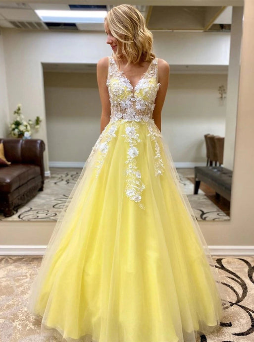 Princess V Neck Daffodil Tulle Long Prom Dresses With Lace Appliques PO357