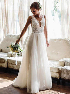 A-line Beach Wedding Dresses Boho Backless Lace Appliques Tulle Wedding Gowns OW660