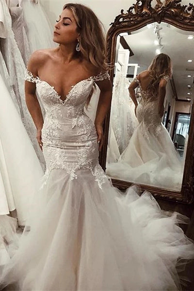 Stunning Off Shoulder Mermaid Lace Applique Wedding Dress With Tulle Skirt OW536