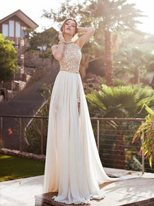 A-Line Halter Sleeveless Lace Chiffon Sweep Train Long Prom dress, OP101