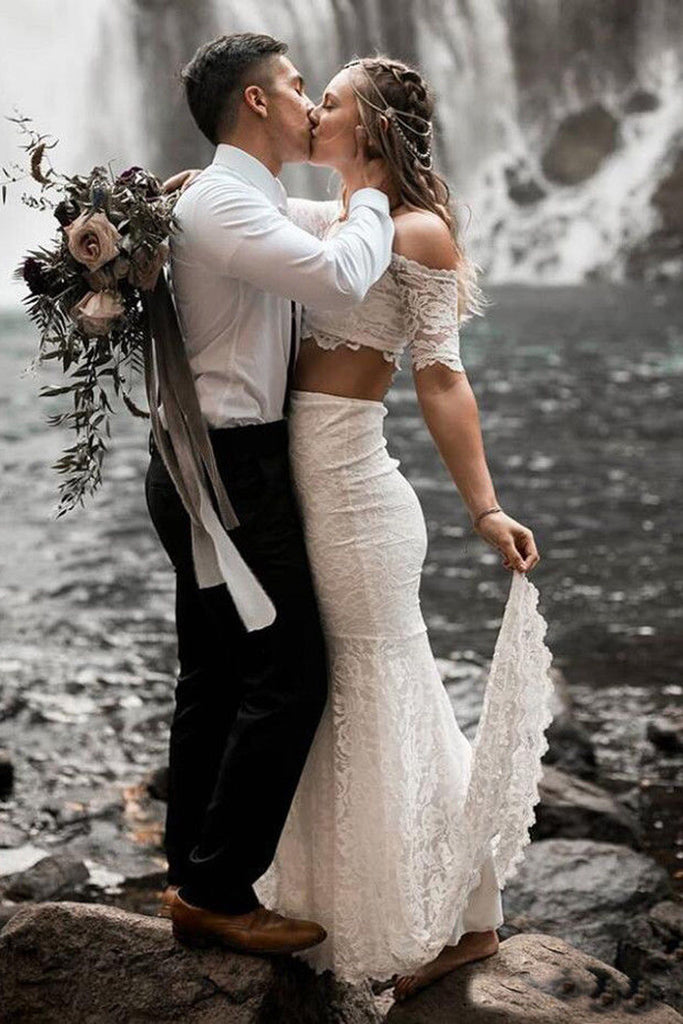 Two Pieces Mermaid Off The Shoulder Lace Wedding Dresses