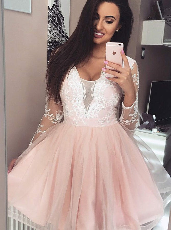 Long Sleeves Lace Appliques Tulle Plunge Neck Short Prom Dress OP141