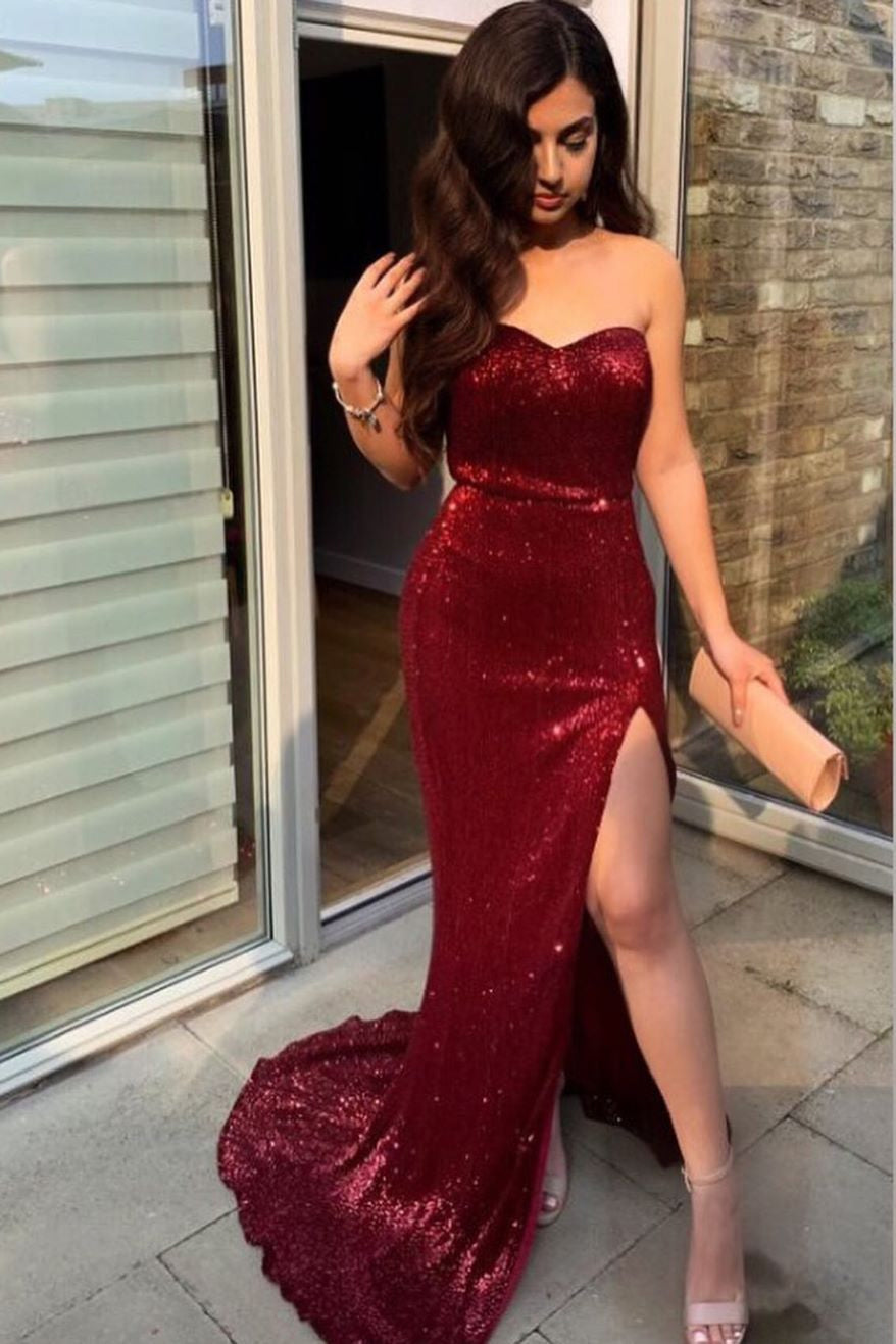 Sparkly Sweetheart Burgundy Mermaid Sequins Prom Dress With Split OP850