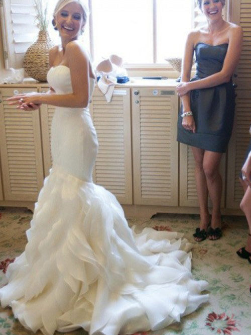 Trumpet/Mermaid Sweetheart Ruffles Sleeveless Court Train Satin Wedding Dress OW166