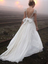 A-Line Lace Cap Sleeves V-neck Back Bowknot Princess Chiffon Wedding Dress OW169