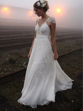 A-Line Lace Cap Sleeves V-neck Back Bowknot Princess Chiffon Wedding Dress OW169