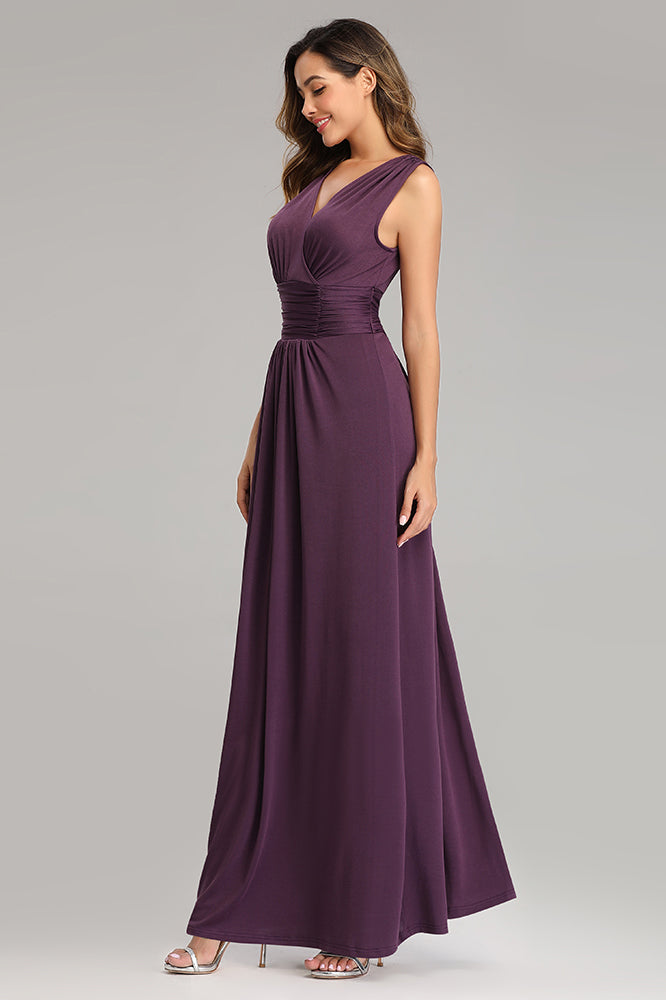 Simple Grape Long Prom Dresses V-neck Evening Dress E90803