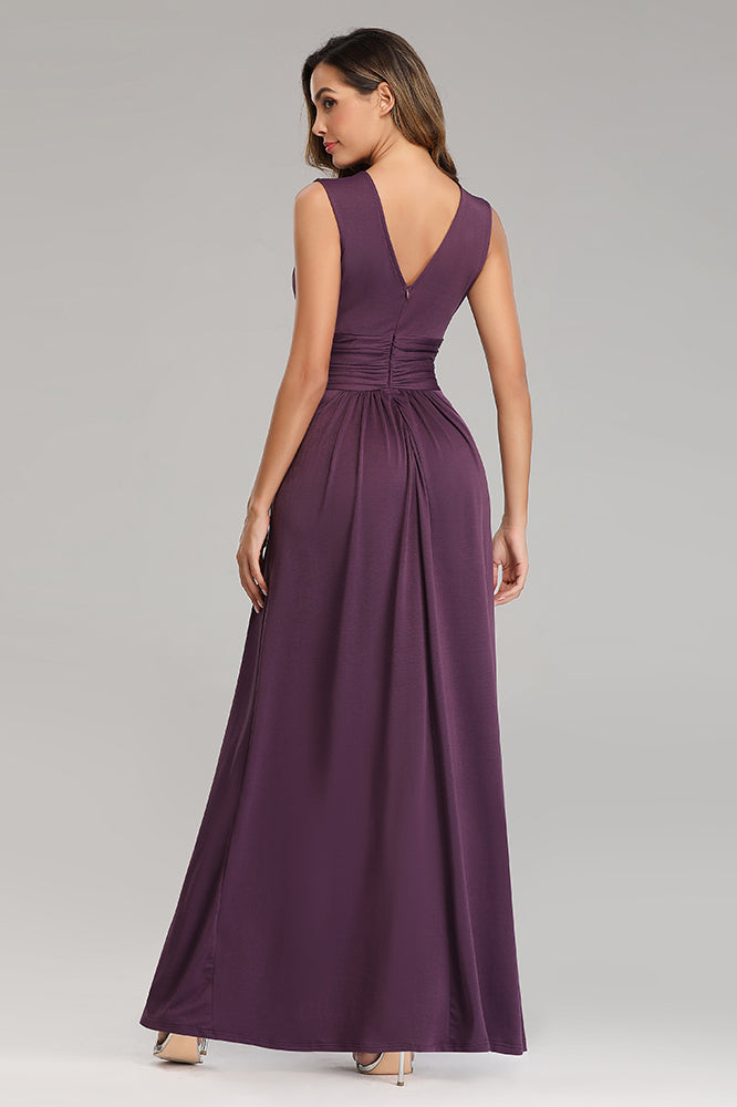 Simple Grape Long Prom Dresses V-neck Evening Dress E90803