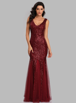 Mermaid Tulle Sequins Long Prom Dresses V-neck Evening Dress E90813
