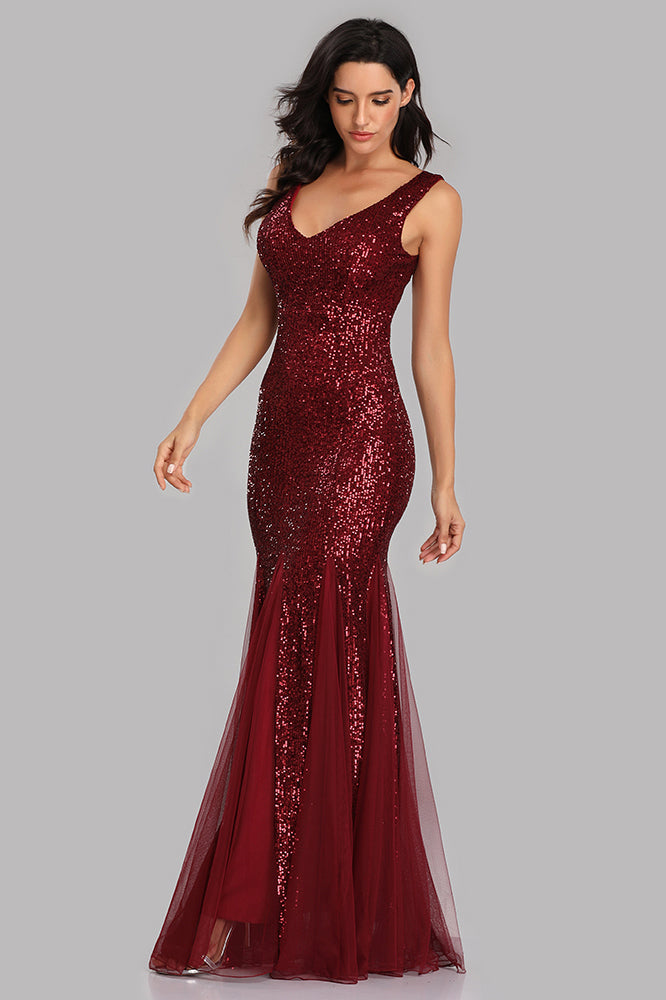 Mermaid Tulle Sequins Long Prom Dresses V-neck Evening Dress E90813