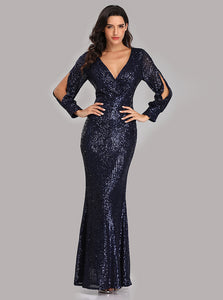 Mermaid Long Split Sleeve Sequined Trumpet Prom Evening Dress E90814