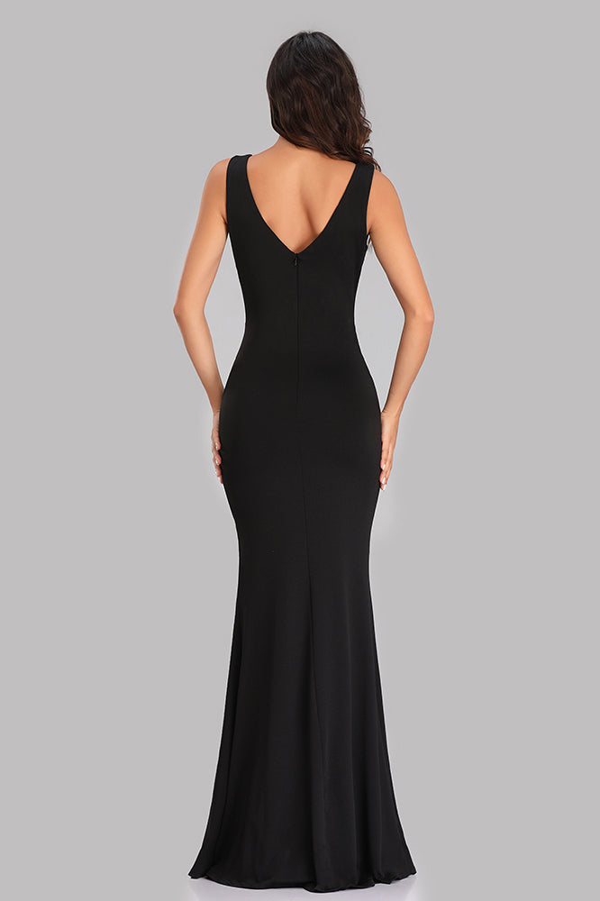 Simple V-neck Black Prom Dresses, Mermaid Evening Dresses With Split E90817