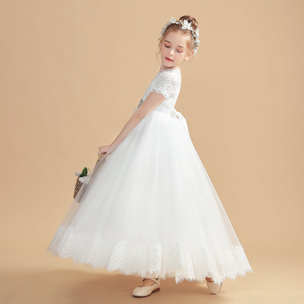 Beading Tulle Short Sleeves Ivory Flower Girl Dress