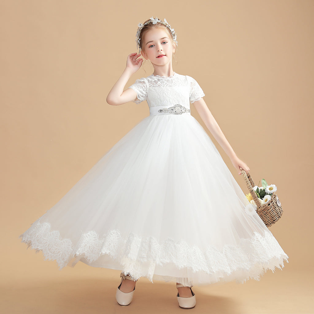 Beading Tulle Short Sleeves Ivory Flower Girl Dress