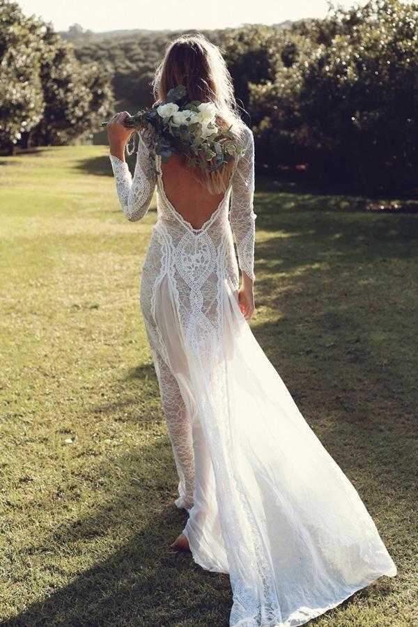 Sexy Ivory Lace Long Sleeves Sheath Backless Beach Wedding Dress OW320
