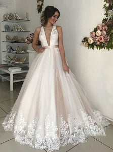 Deep V Neck Backless Wedding Dresses Lace Appliques Bridal Gown OW700