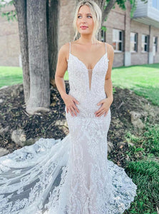 Mermaid Spaghetti Straps Long Lace Wedding Dress