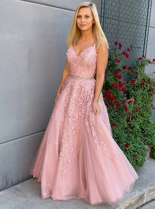 A-Line Pink Lace Two Pieces Long Prom Dress PD1104