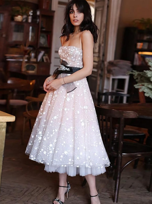A Line Spaghetti Strap Tea Length Pearl Pink Tulle Prom Homecoming Dress PD1124