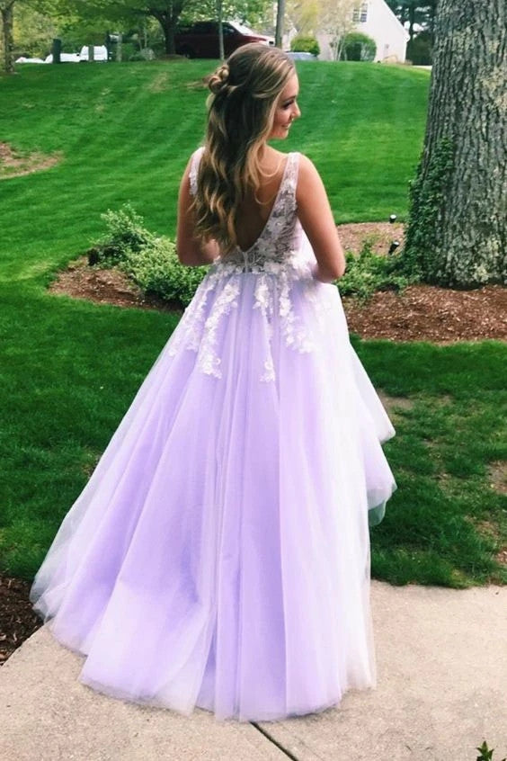 A Line V Neck Lilac Long Prom Dresses Formal Gowns With Appliques