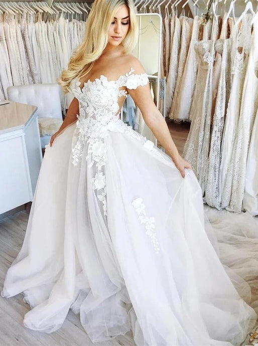 Off Shoulder Lace Appliques Tulle Wedding Dresses A Line Long Bridal Dresses OW692