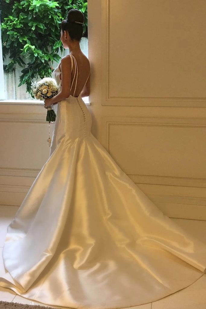 Round Neck Backless Simple Satin Mermaid Wedding Dresses OW696