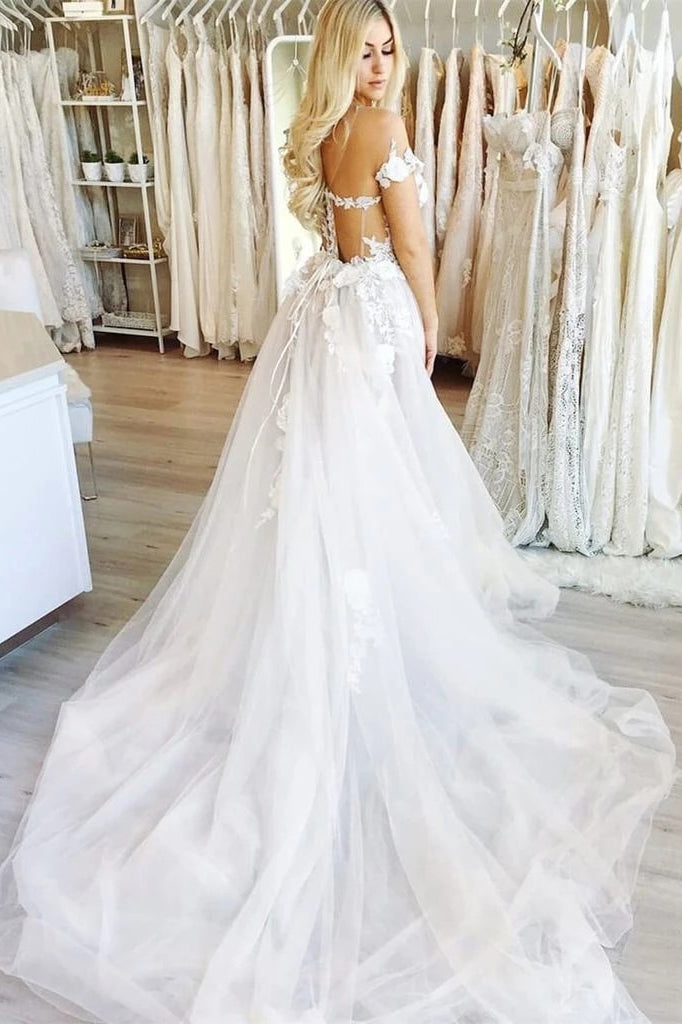 Off Shoulder Lace Appliques Tulle Wedding Dresses A Line Long Bridal Dresses OW692