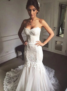 Sweetheart Mermaid Tulle Wedding Dresses Lace Appliques Bridal Gown OW695