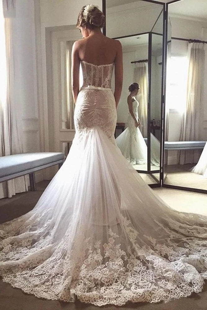 Sweetheart Mermaid Tulle Wedding Dresses Lace Appliques Bridal Gown OW695