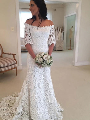 Half Sleeve Lace Wedding Dresses Off Shoulder Mermaid Bridal Gown OW688