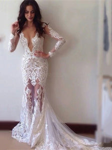 Sexy V Neck Lace Appliques Wedding Dresses Long Sleeve Mermaid Gown OW686