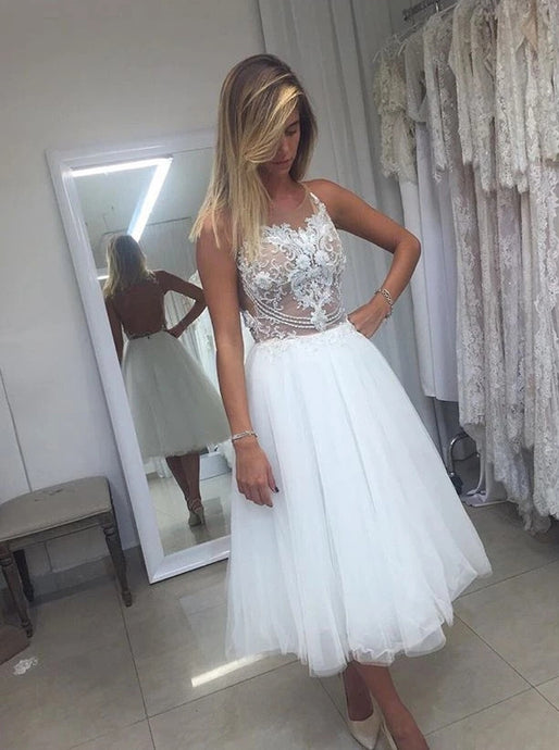 A-line Short Backless Wedding Dresses Lace Applique Short Bridal Gown OW683