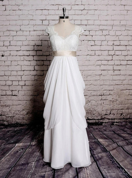 Princess V Neck Cap Sleeve Lace Chiffon Wedding Dresses With Ribbons OW680