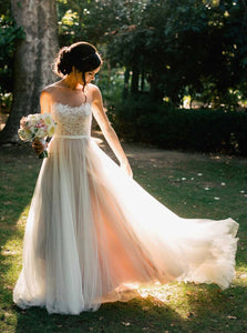 Simple Long Sheer Neckline Wedding Dresses With Lace Applique