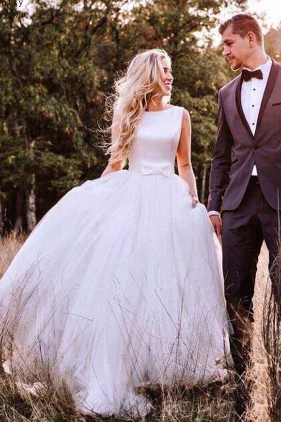 Elegant Round Neck V-back Tulle Ivory Wedding Dresses With Bowknot OW665
