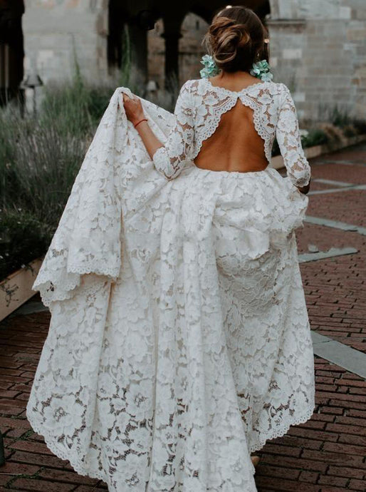 Bohemian Keyhole Lace Beach Wedding Dresses With 3/4 Sleeves