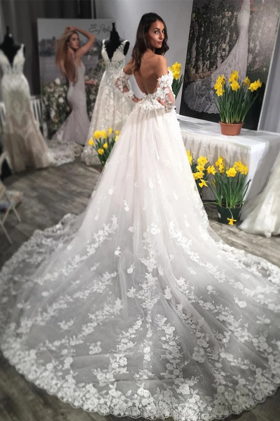 Sweetheart Lace Appliques Backless Wedding Dresses With Sleeves OW699