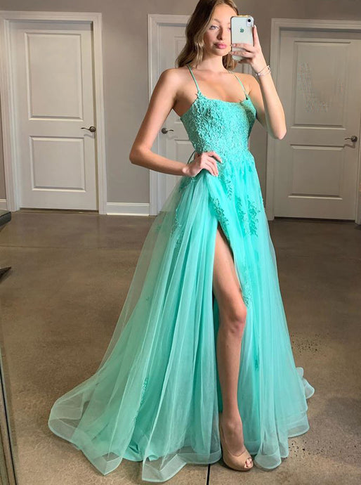 Turquoise Spaghetti Straps Split Evening Dress Appliqued Backless Long Prom Dress PO311