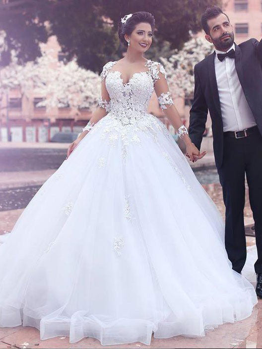 Sweetheart Applique Long Sleeves Tulle Ball Gown Wedding Dress OW180