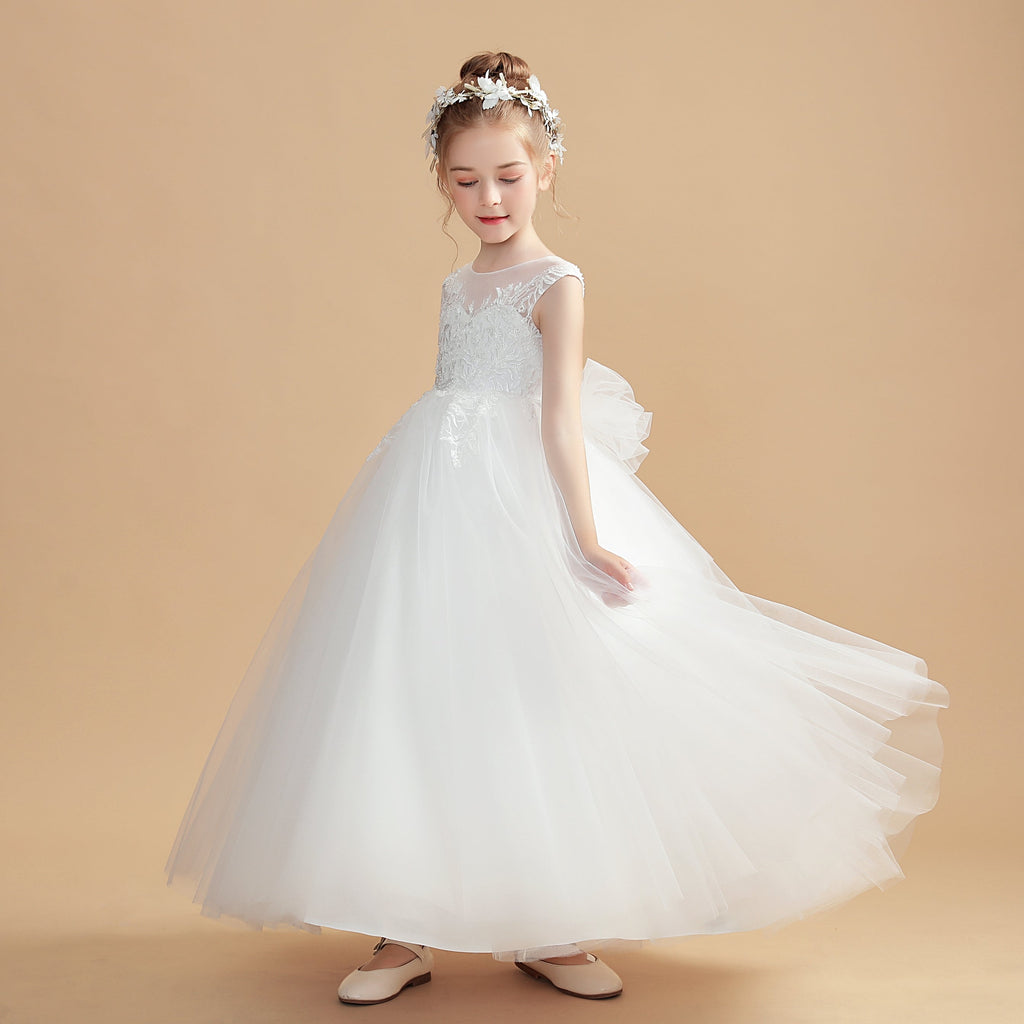 Sleeveless Ivory Long Tulle Flower Girl Dress With Bowknot