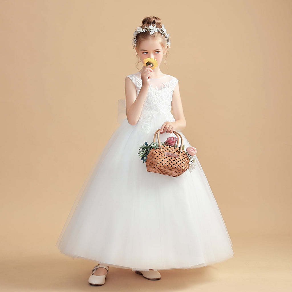 Sleeveless Ivory Long Tulle Flower Girl Dress With Bowknot