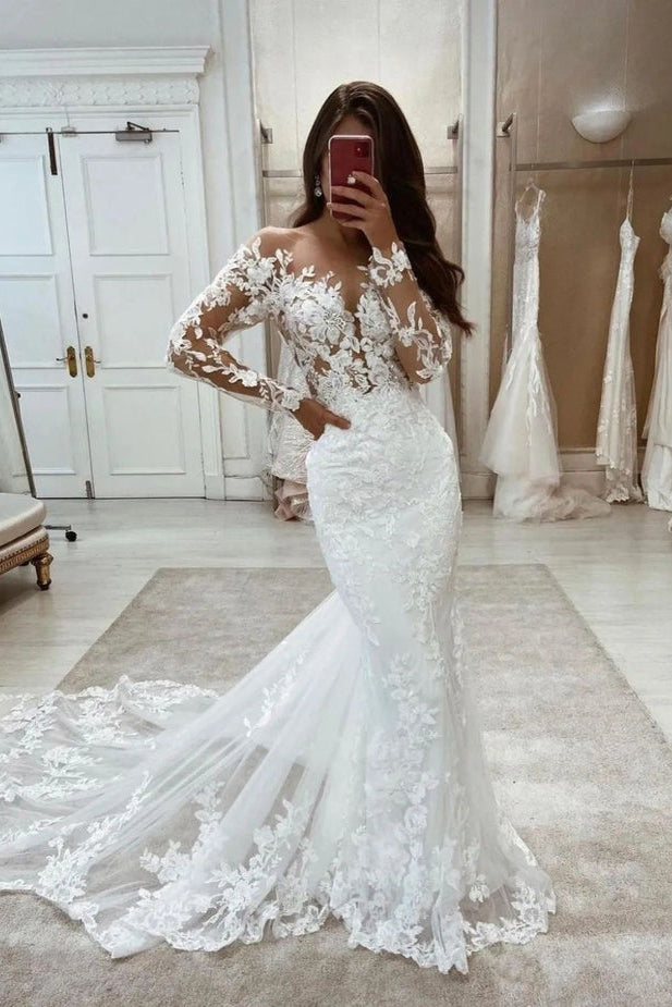 Mermaid Bateau Neck Long Sleeves Lace Appliques Wedding Dresses N021