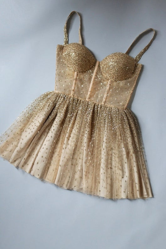 Sparkly Straps Golden Beading Short Prom Homecoming Dress OM220