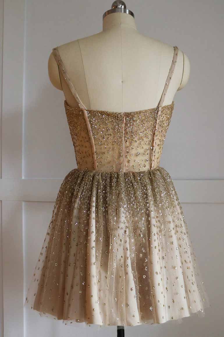 Sparkly Straps Golden Beading Short Prom Homecoming Dress OM220