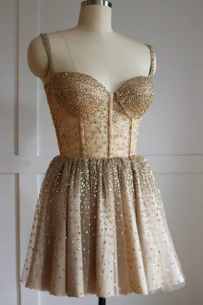 Sparkly Straps Golden Beading Short Prom Homecoming Dress OM220